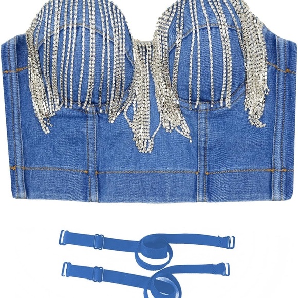 NWOT Tassel Rhinestone Denim Bustier Crop Top Jean Corset - size small - Picture 5 of 16